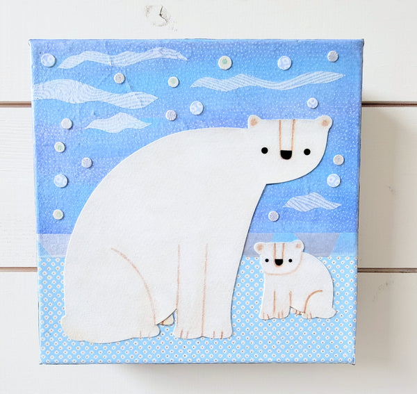 Polar Bear and Cub 8x8" Original Collage